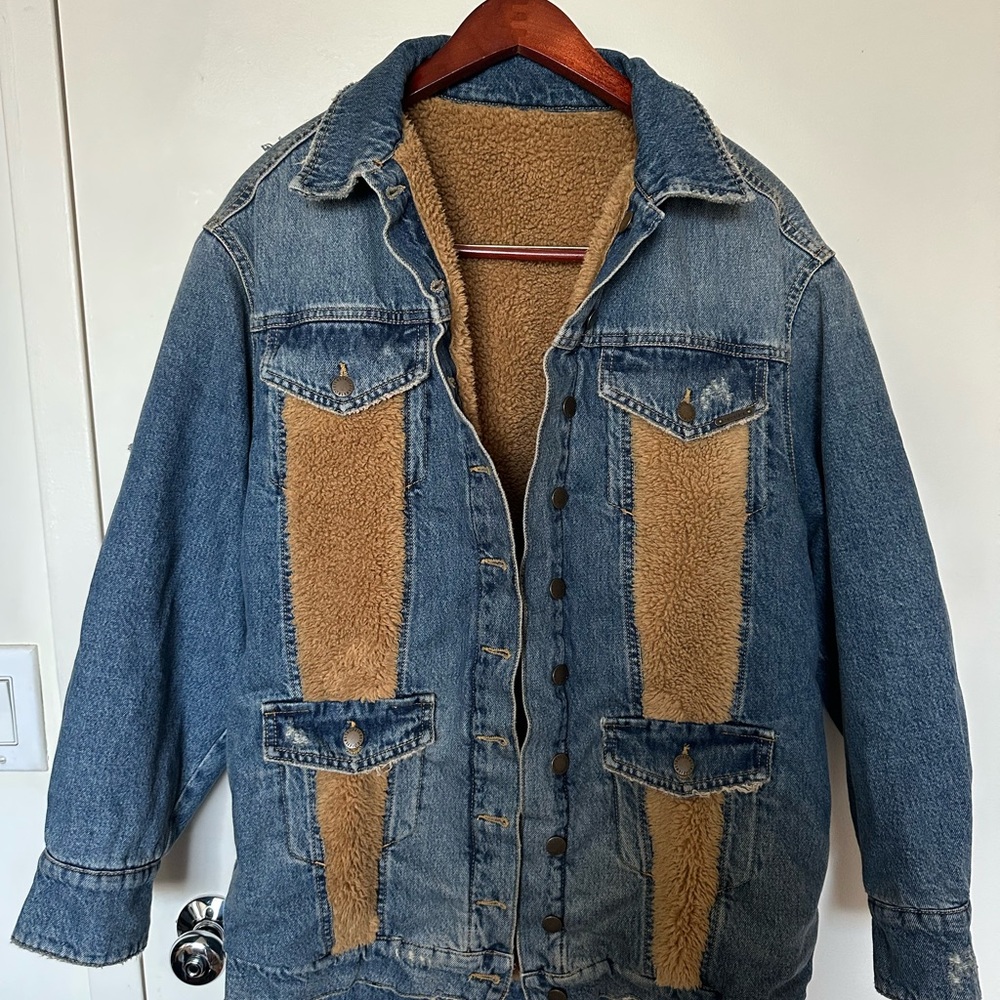Retrofete Blue Denim Jacket with Tan Sherpa Lining Reversible!!